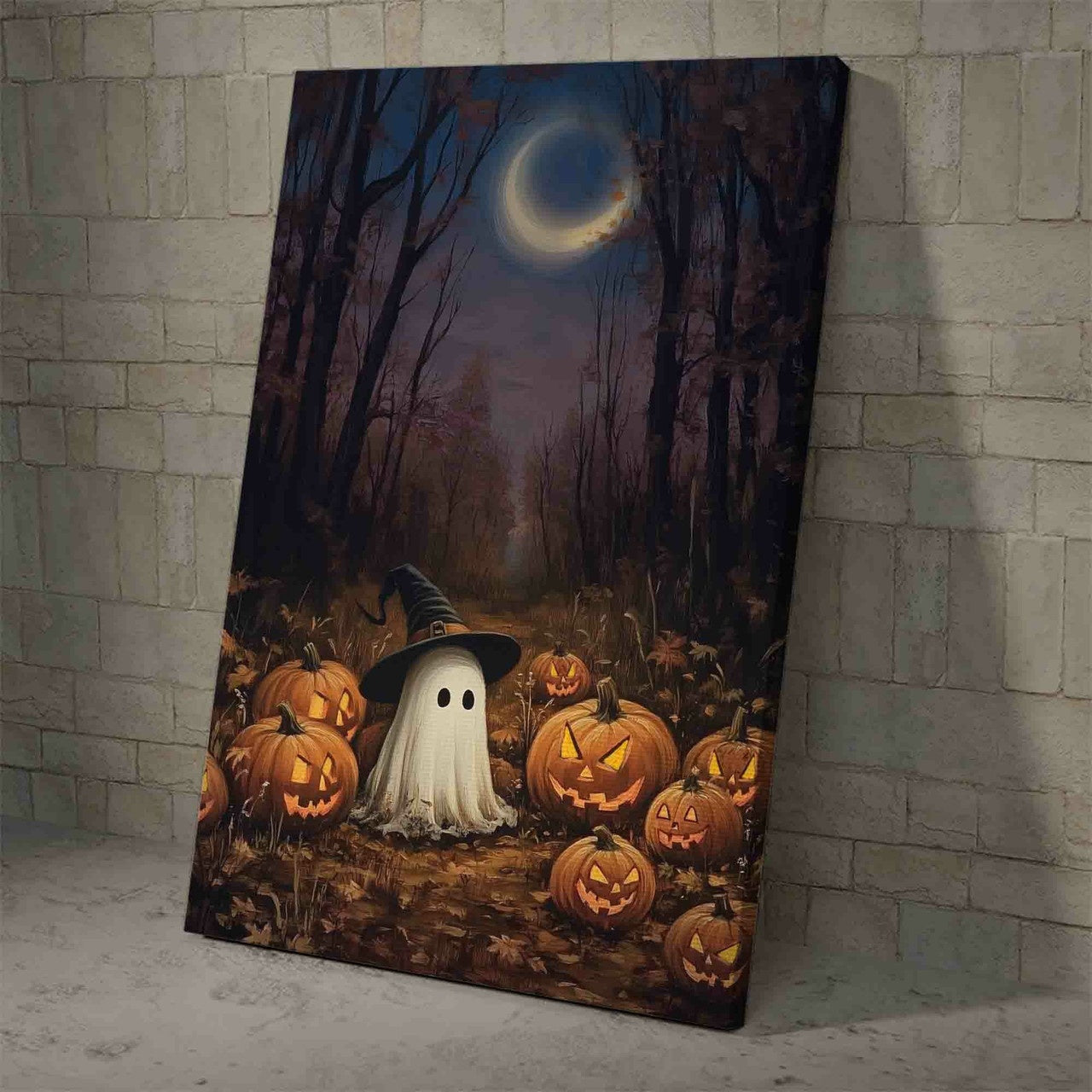 Canvas Halloween Ghost Under Autumn Sky With Funny Pumpkin Wall Art Painting And Poster