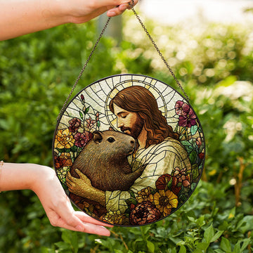 Stained Glass Suncatcher Jesus Hugging Capybara Christian Animal Lover Window Hanging Decor