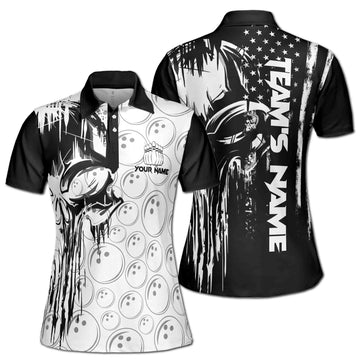 Custom Bowling Polo Shirt Personalized Team Name Skull American Grunge Flag Women